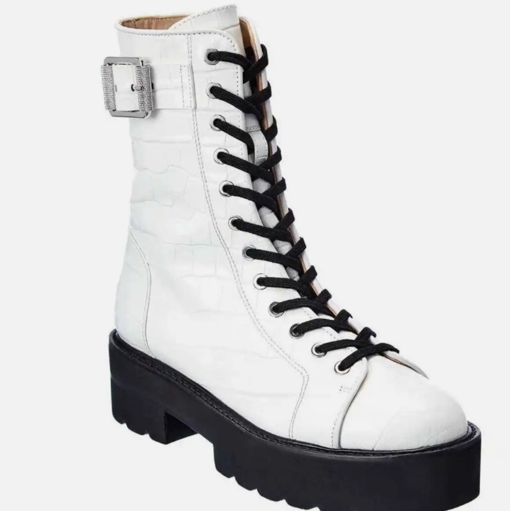 Stuart Weitzman Ryder Ultra lift Croc-Embossed White Leather Bootie ... Size 10